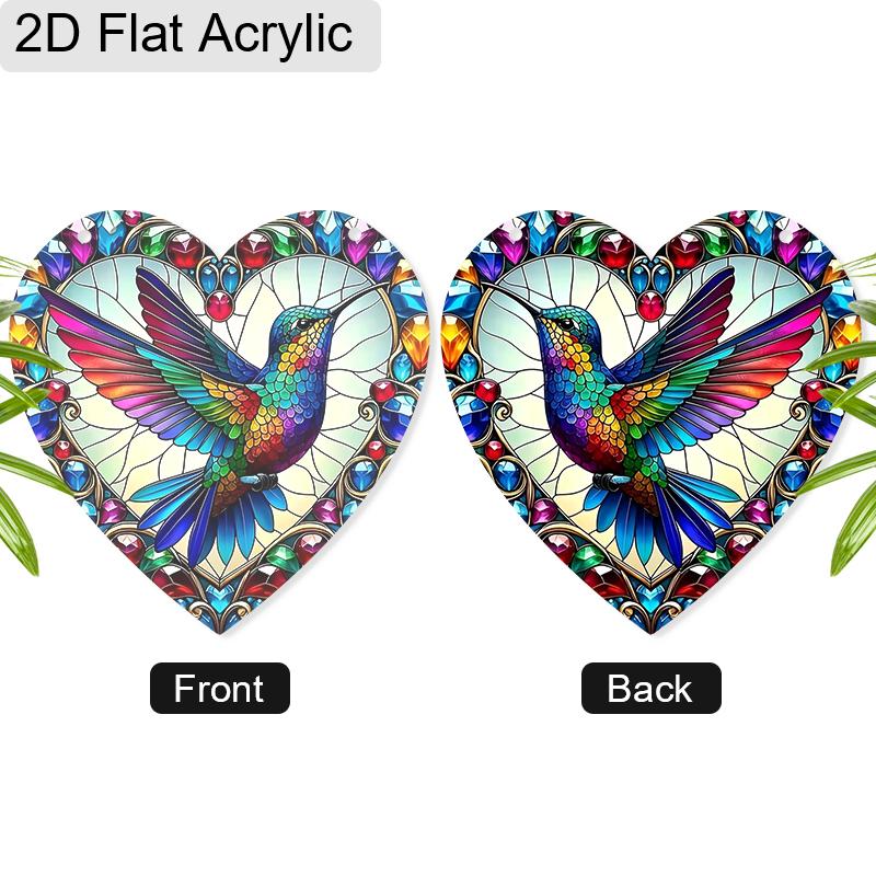 Acrylic Heart-Shaped Hummingbird Suncatcher, Stained Glass Style Window Hanging Ornament for Bird and Colorful Art Lovers