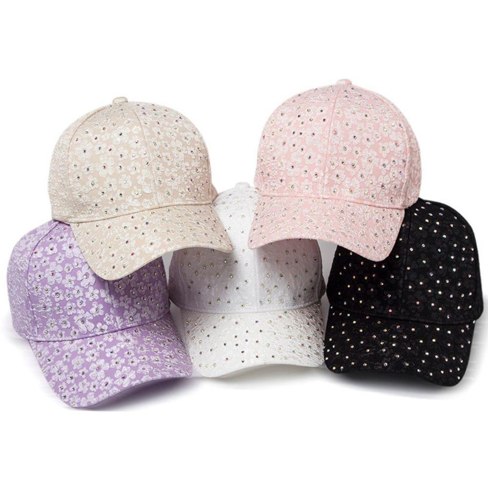 Casual Breathable Floral Baseball Cap Rhinestone Decoration Sun Protection Elegant Hat Adjustable Outdoor Sun Hat Summer Wear