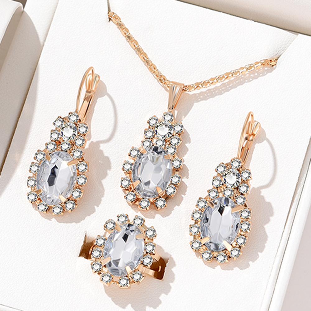 5 Piece Women Fashionable Versatile Temperament Personalized Diamond Embellishments Oval Necklaces Rings Bracelets Earrings Set