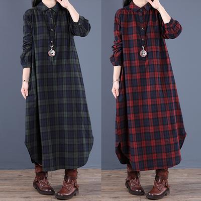 Herbst Damen Koreanische Edition Lockeres Spleißen Gitter Baumwolle Hanf Kragen Langarm Mittellanges Hemdkleid für Damen
