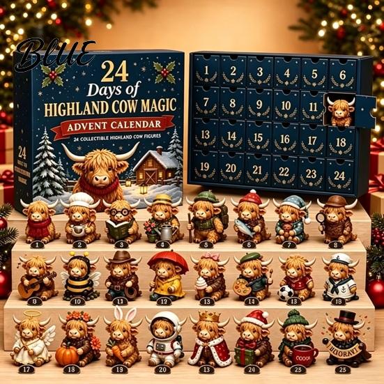 Desktop Holiday Ornaments 24 Days of 3D Highland Cow Christmas Advent Calendar, Cute Farm Party Favors Cattle Countdown Calendar with Mini Figurines