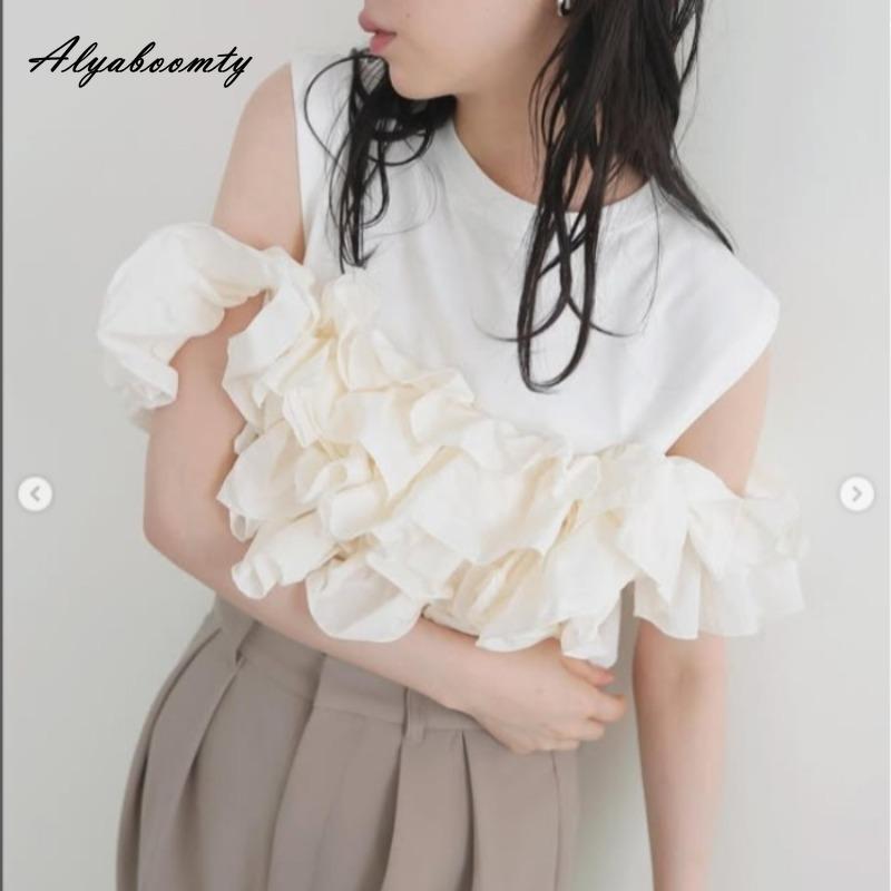 Summer Women Stylish Streetwear T-Shirt Black Gray Apricot Off Shoulder Ruffles Tee Fashion Ladies' Patchwork Top