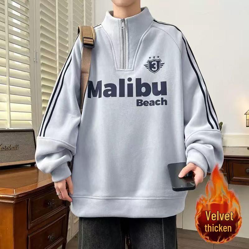 

Men s Fleece-Lined Half-High Collar School Style Hoodie for Autumn/Winter 6XL сірий колір