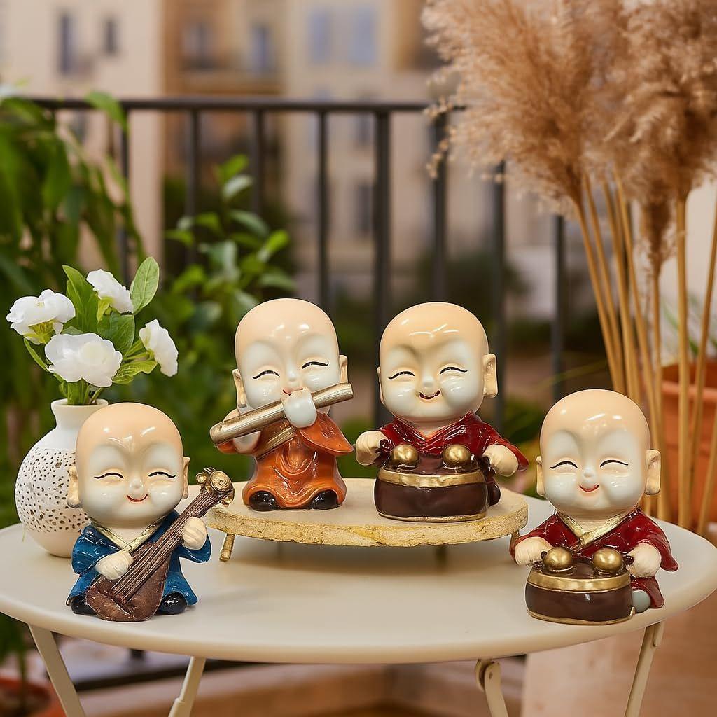 

Musical Buddha Decorative Showpiece for Home Decor (Pack of 4, Multicolor)