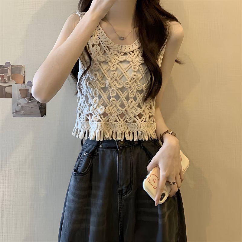 Designer Crochet Lace Knit Camisole - Women s Summer Fringe Top with Embroidered Patchwork S 40-45 kg