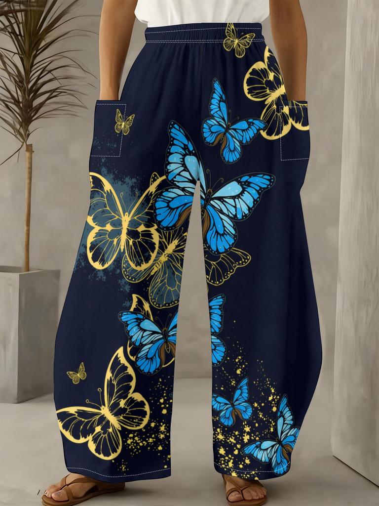 Women's Four Seasons Light Luxury Butterfly Style Navy Blue with Golden and Blue Golden Butterfly Print Plus Size Wide-Leg Pants