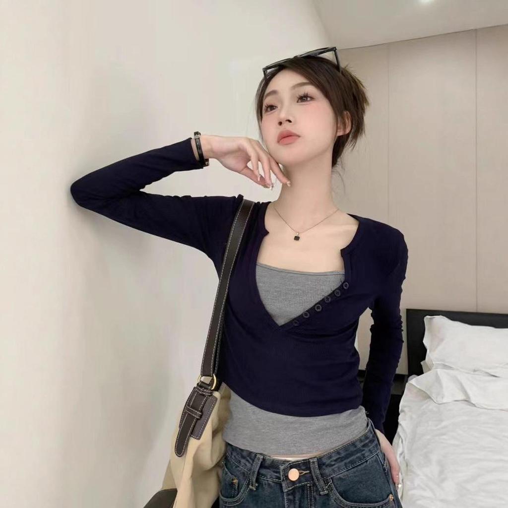 Korean Style Slim Fit Long Sleeve T-shirt - Women's Versatile Two-Piece Look, 260g, Autumn Winter Temperament