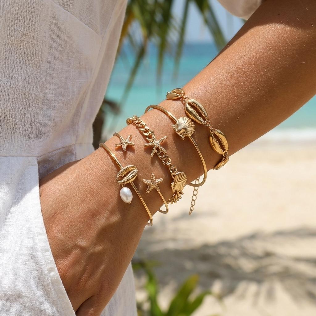 5 Pcs/Set Summer Gold Color Starfish Shell Bangles for Women Fashion Marine Elements Scallop Bangles Trendy Beach Party Jewelry