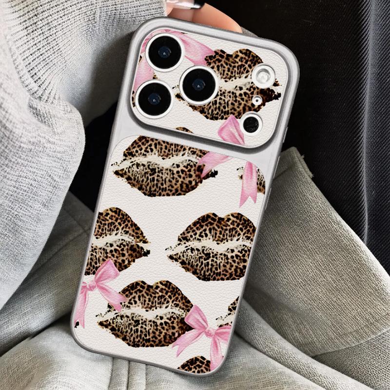 Leopard Kiss Lips Leather Lanyard Case For iPhone 18 Pro Max 17 16 15 14 13 Pro Max Luxury Hybrid TPU+PU Anti-skid Soft Phone Cover