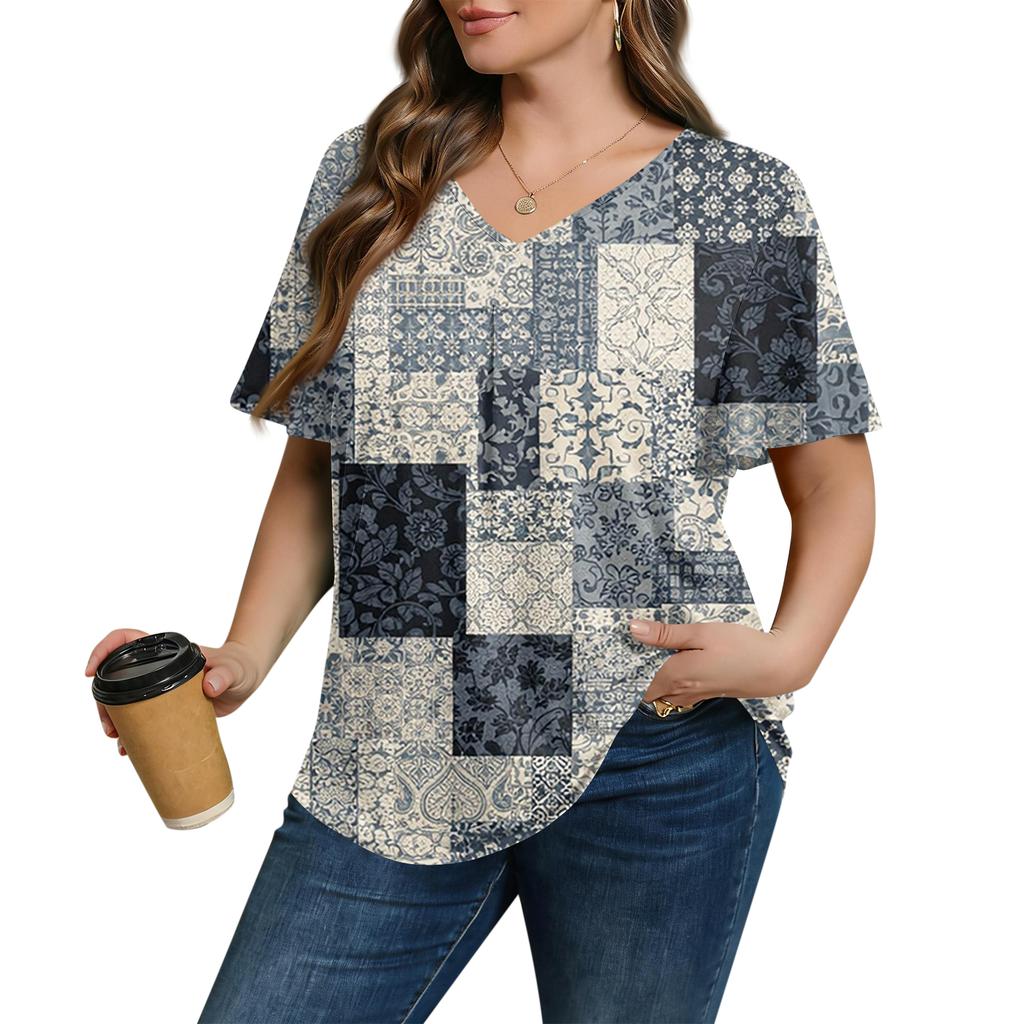 Women's Plus Size Fashionable Casual Loose-Fit Short Sleeve Elegant V Neck Blouse For Work