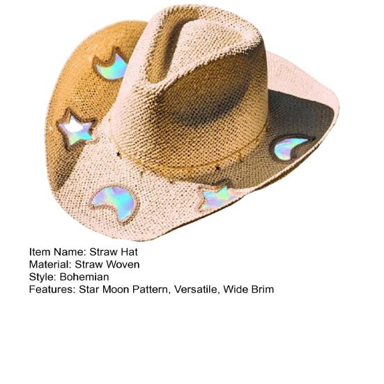 Women Hat Hat Wide Brim Star Straw Bohemian Style Breathable Woven