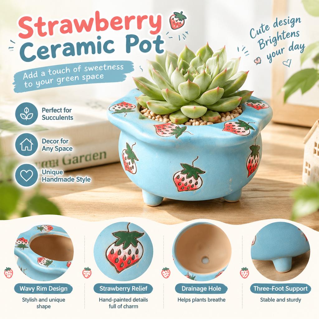 Korean Style Hand-Painted Strawberry Ceramic Flower Pot