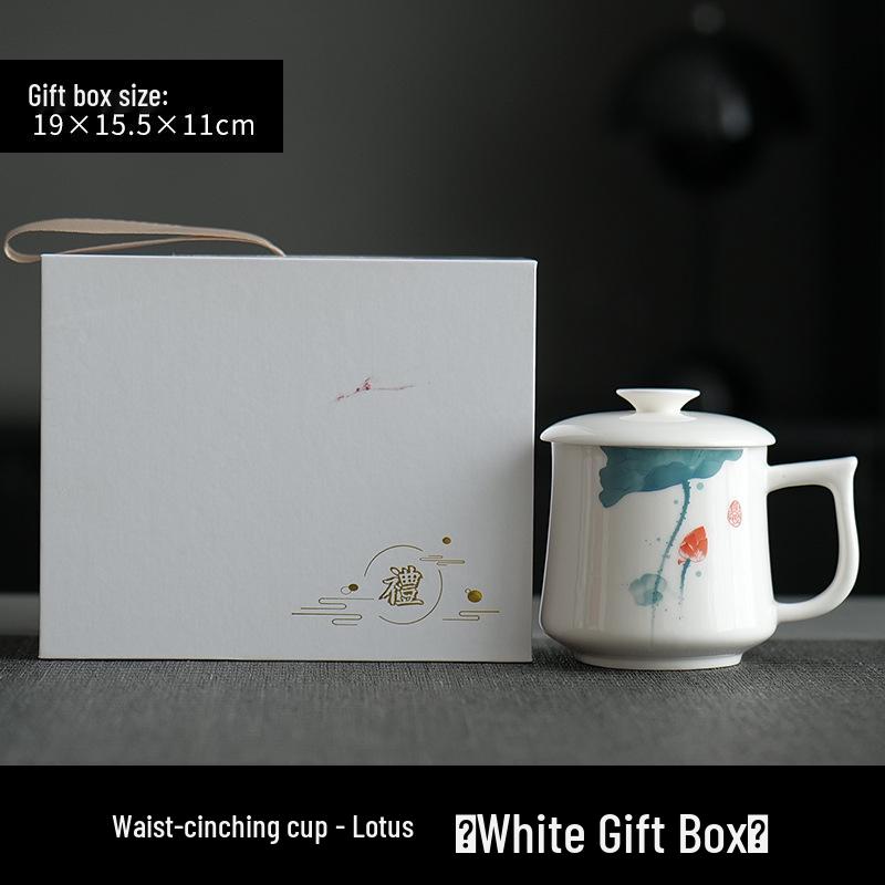Jade Conference Sheep Fat Porcelain Tea Cup with Lid – White Ceramic Mug for Home and Office, Ideal Gift