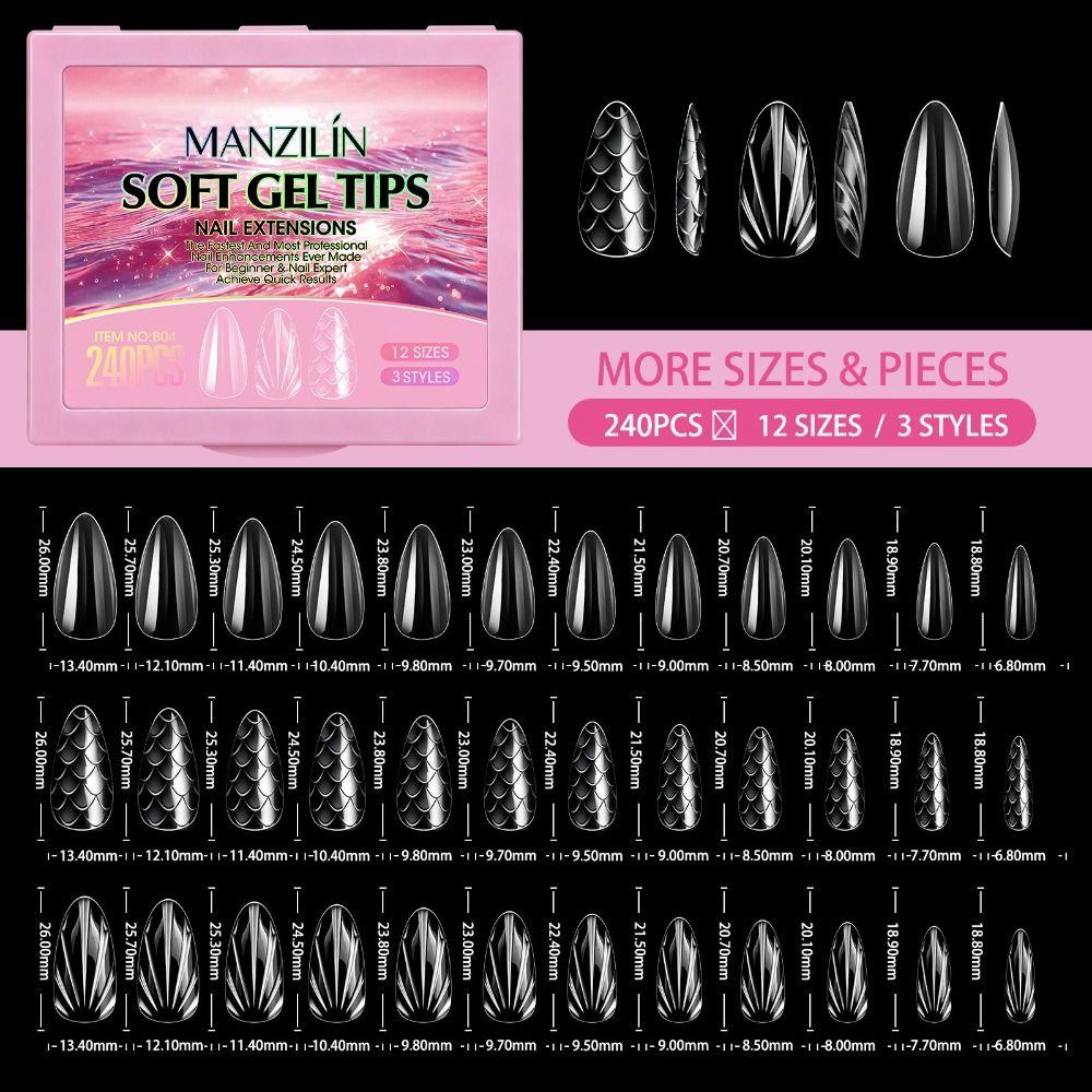 240pcs 12 Sizes Press on Nails Shell/Almond Shape Gel Nail Tips Woman DIY Nail Art