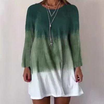 Women's Long Sleeve Dress Gradient Color Printed Dress Loose Fit Round Neck Pullover Dress for Daily Work Parties