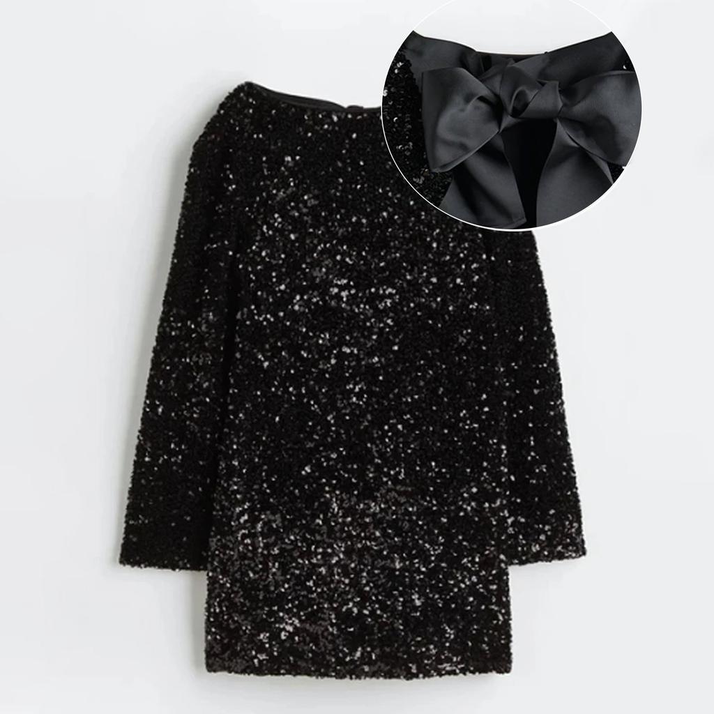 Women's Round Neck Long Sleeve Sparkling Sequin Dress Backless Bow Sexy and Cute Party Dress