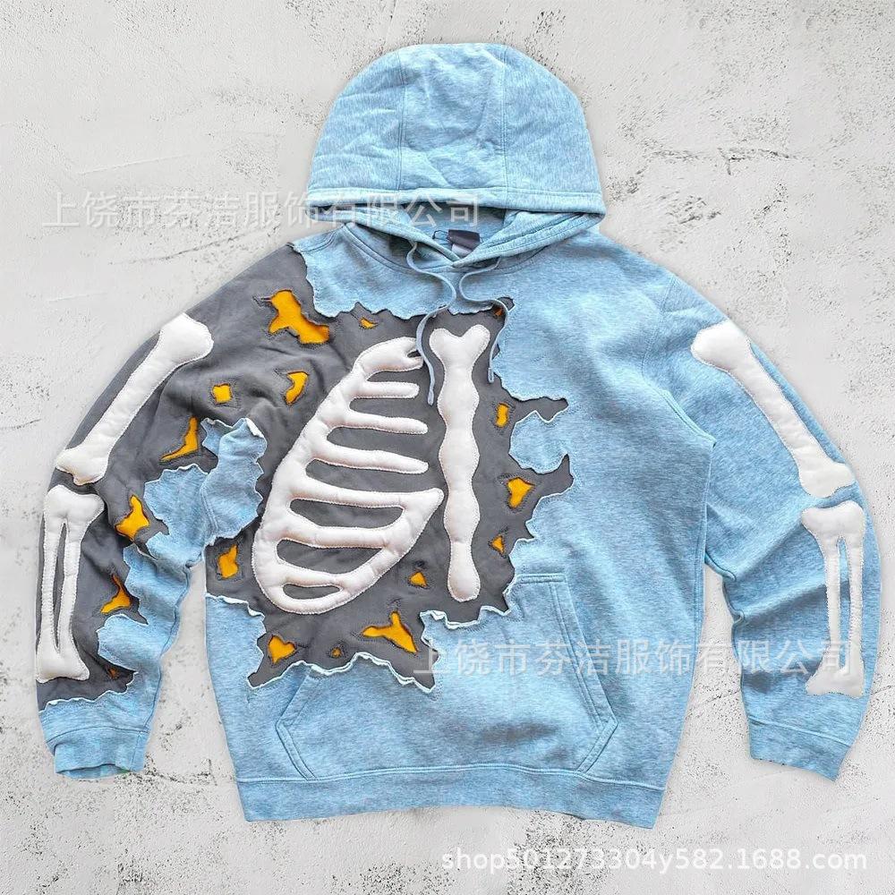 American Flame Skull Frame 3D Printed Hooded Sweatshirt, Vintage High Street Loose Trendy Brand Pullover Sweatshirt