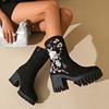 European and American Mid Length Boots 2024 Autumn New Embroidered Flower Design Sense High-heeled Versatile Fashion Boots