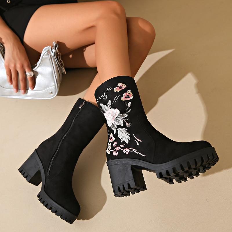European and American Mid Length Boots 2024 Autumn New Embroidered Flower Design Sense High-heeled Versatile Fashion Boots