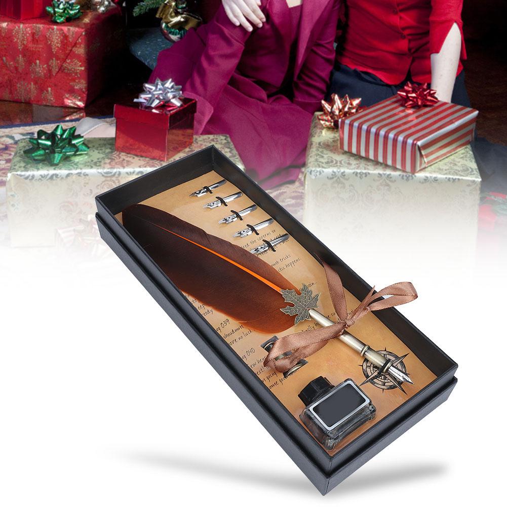 Vintage Feather Fountain Writing Pen Calligraphy Ink Quill Dip Pen with Gift Box(Orange)