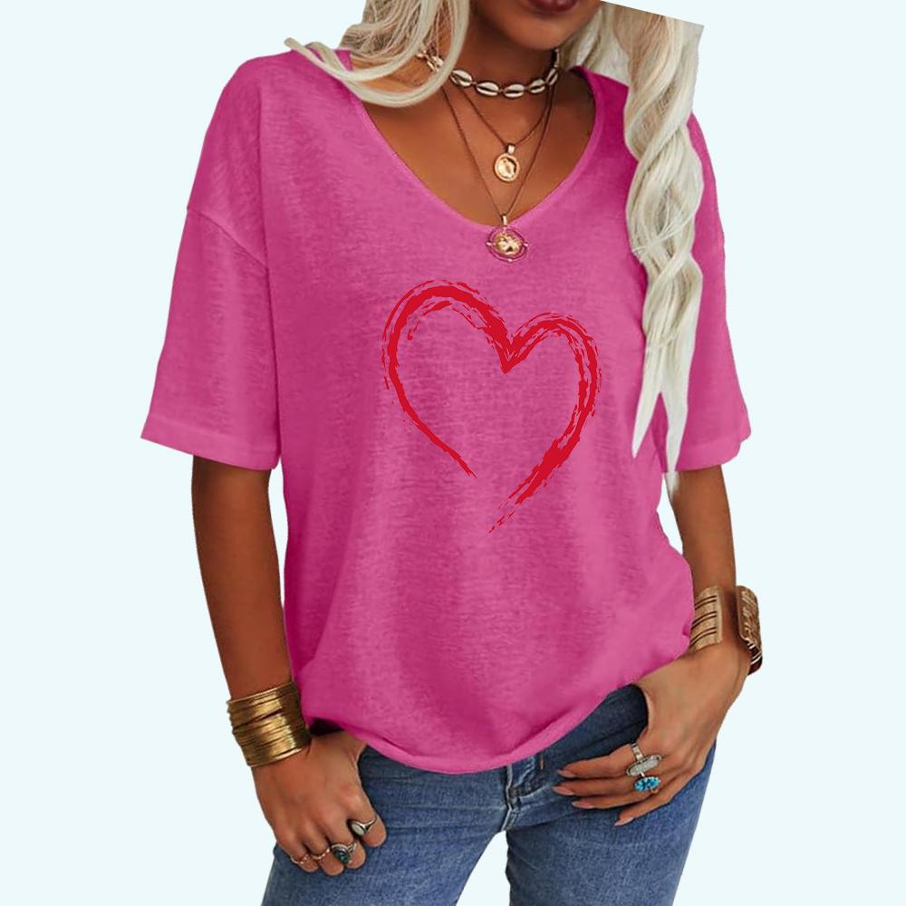 

Женская модная футболка с принтом в виде сердца, повседневная свободная футболка с коротким рукавом и V-образным вырезом XXL розовый