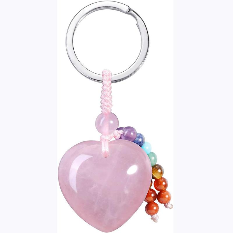 Portachiavi in Cristallo a Forma di Cuore di Quarzo Rosa Naturale con Fascino di Pietra Curativa dei 7 Chakra per Donne Ragazze