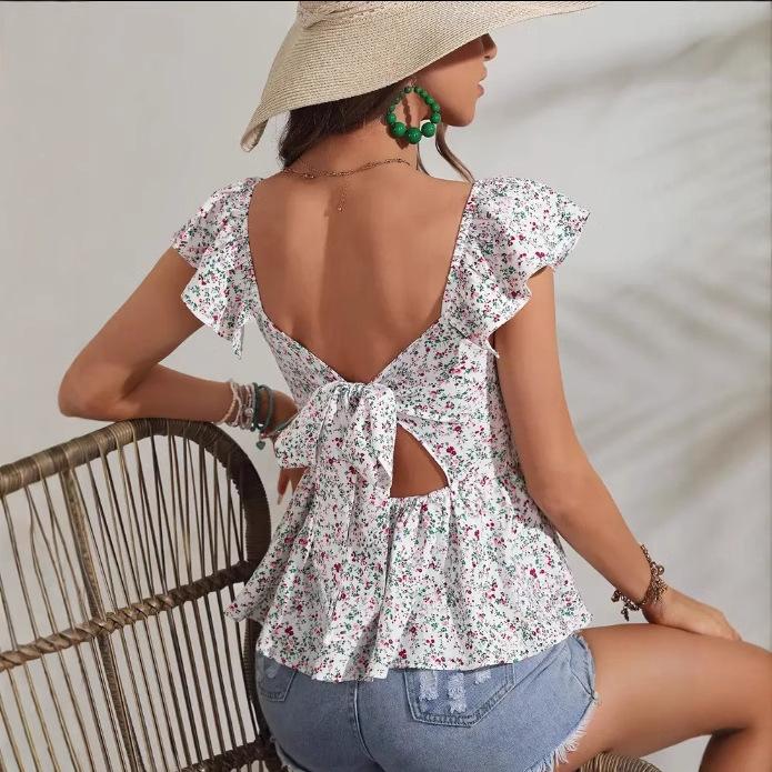 Women's summer vest lotus leaf sleeve square collar printed lace-up slim vacation style high-end vest top