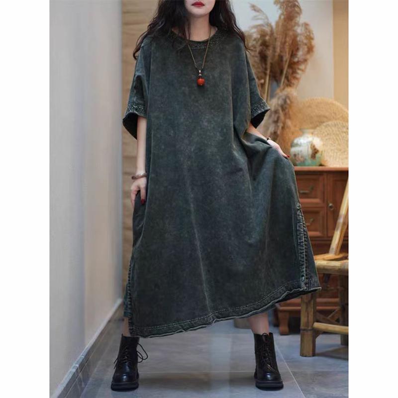Summer New Arts Style Women O-neck Loose Vintage A-line Long Dress Side Split Design Good Quality Cotton Linen Dresses