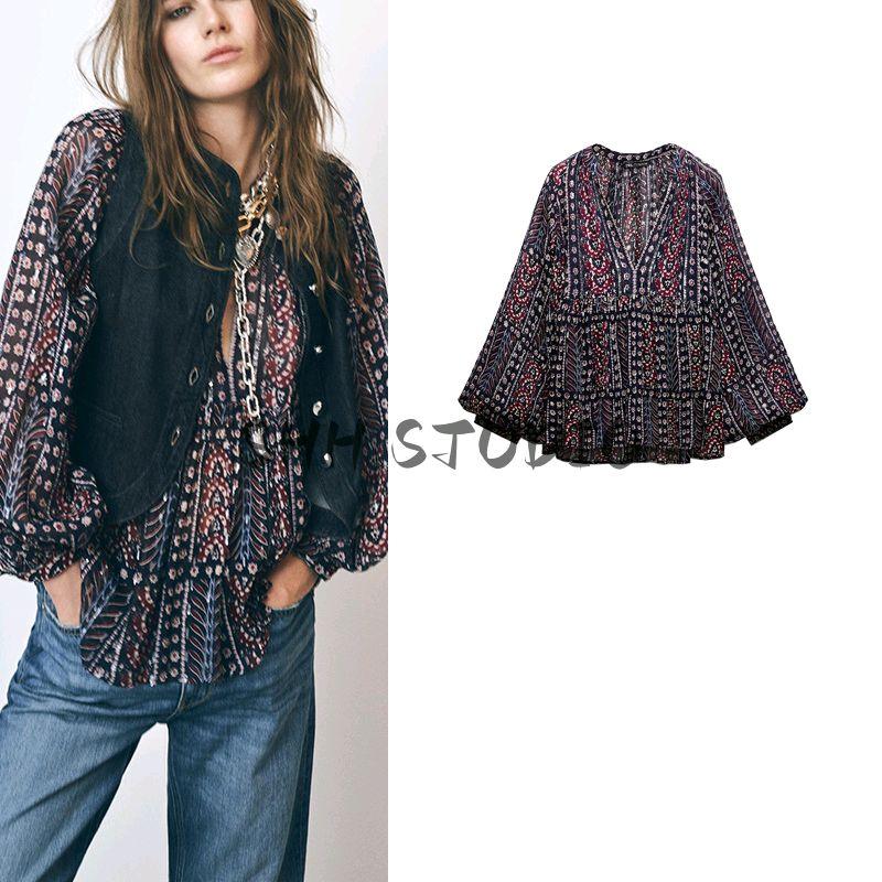 Spring New Women's Clothing French Beads Decoration V Neck Long Sleeves Metal Color Line Print Smock Top 5770024