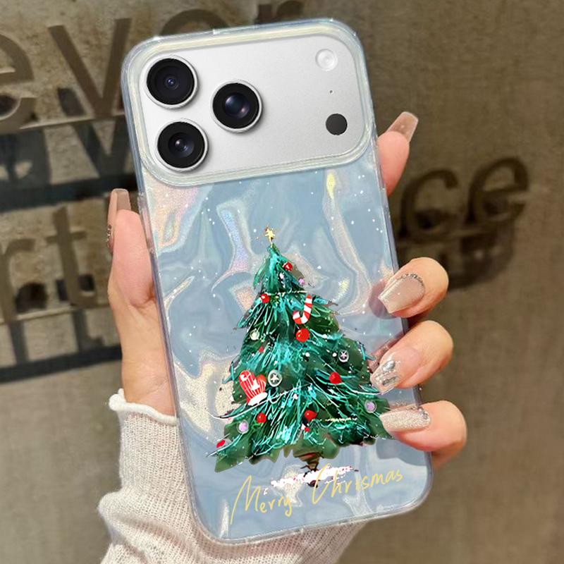 Cartoon Christmas Tree Pattern Phone Case For iPhone 17 Air 16e 16 15 14 Pro Max 13 17 Pro Max Shockproof TPU Hybrid Hard PC Phone Cover