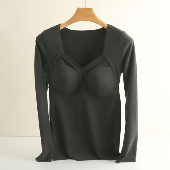 Women Bottoming Tops V-Neck Chest Padded Long Sleeve Thermal Tops Elastic DE Velvet