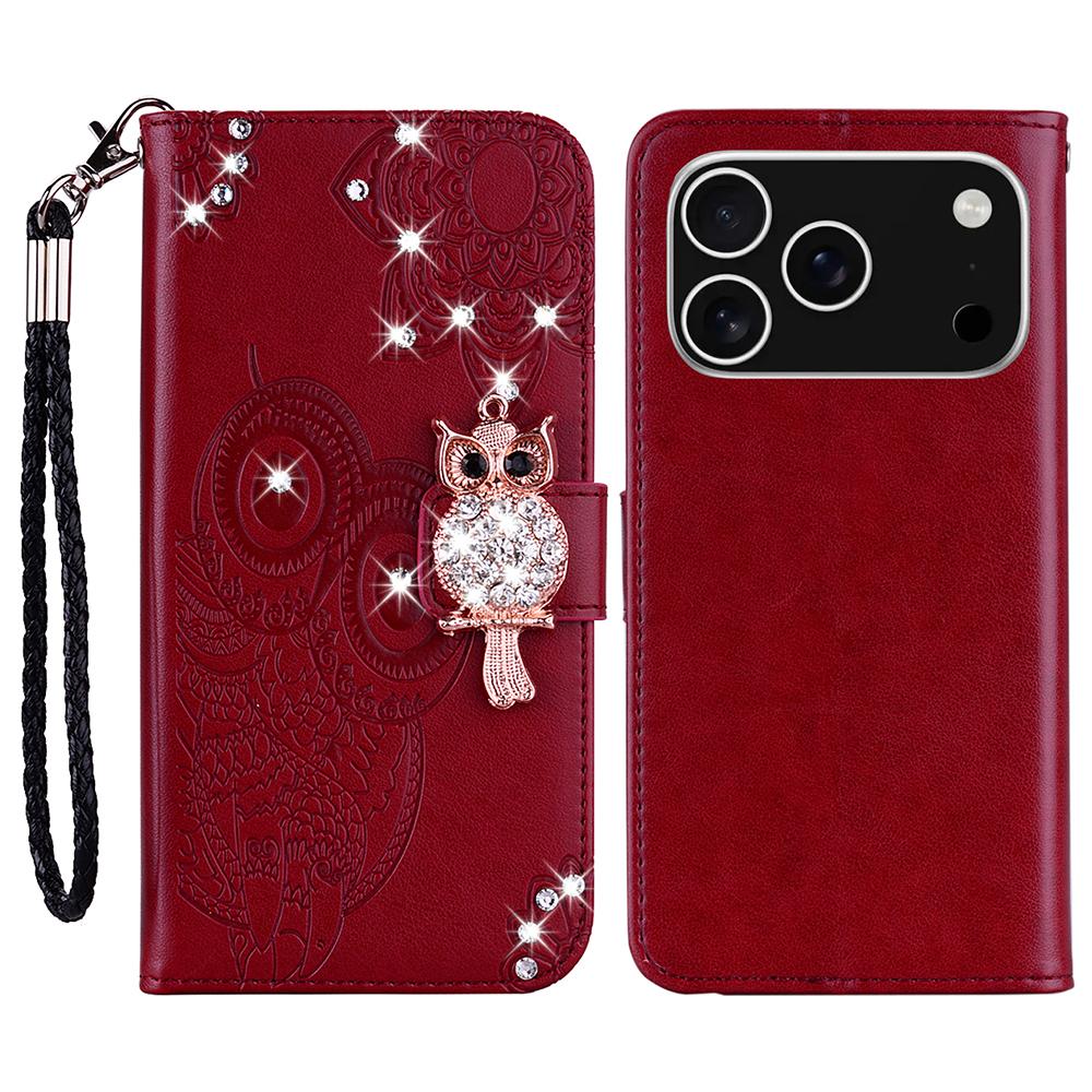 For iPhone 17 Pro Max Wallet Case Owl Flower Imprinted Rhinestone Leather Cover