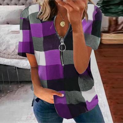 Summer Women's T-shirt Zipper Plaid Print Short Sleeve T-shirt Top