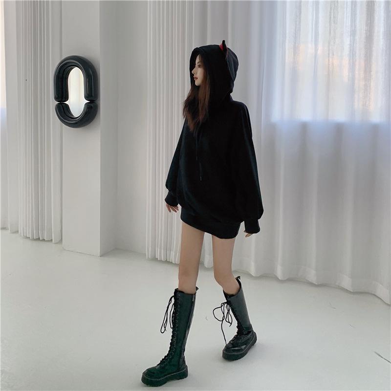 2025 Women's Winter Cat Ear Mid-Length Fleece Hoodie - Fun Plus Velvet Black