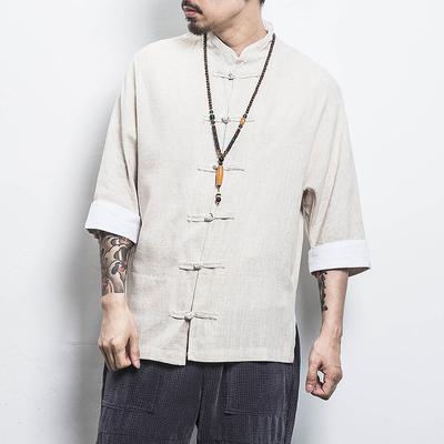 Men Chinese Style Hanfu Shirt Mens Tops Tang Suit Linen Solid Traditional Kung Fu Shirts Male Cotton Kimono Shirts