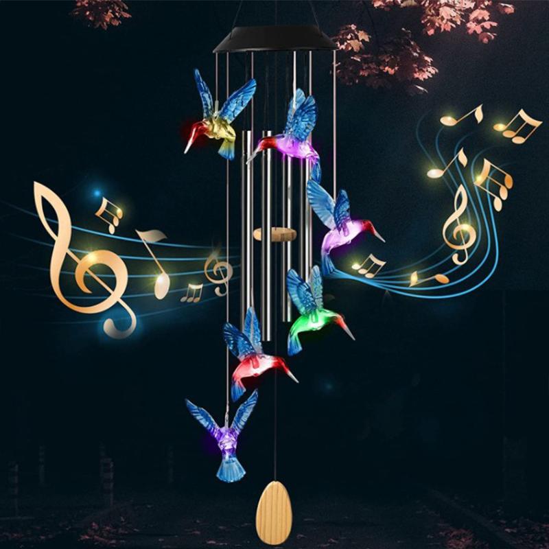 LED Solar Wind Chime Crystal Ball Hummingbird Wind Chime Light Color Changing Waterproof Hanging Solar Light For Home Garden
