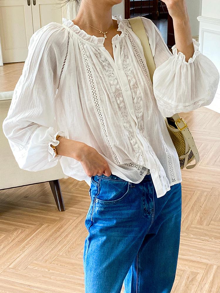 Autumn French Design Women's White Cotton Long Sleeve Shirt - Holiday Style Cardigan