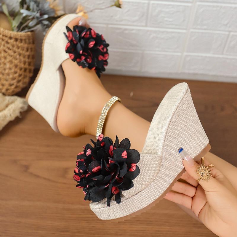 Summer new muffin wedge heel one-word slippers women's thick bottom sweet flower outer wear fashionable super high heel slippers