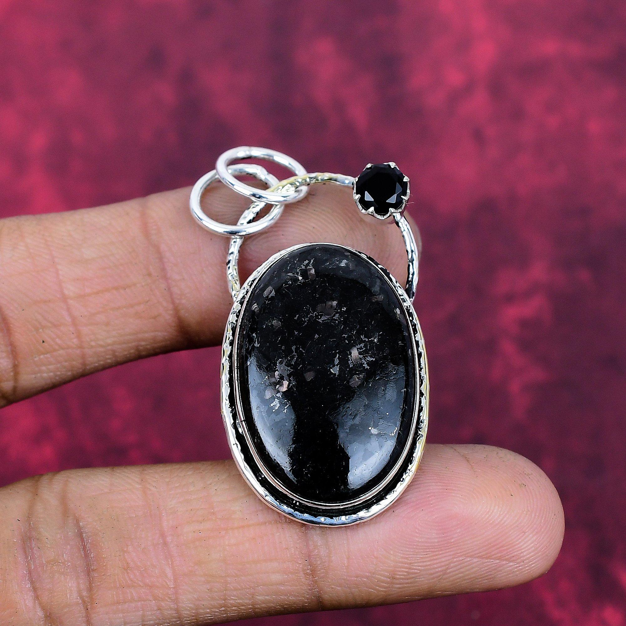 

Nuummite & Black Spinel Pendant, 925 Sterling Silver Pendant Jewelry. Gift For Women Handmade Pendant Gemstone Jewelry 1.96 Inches