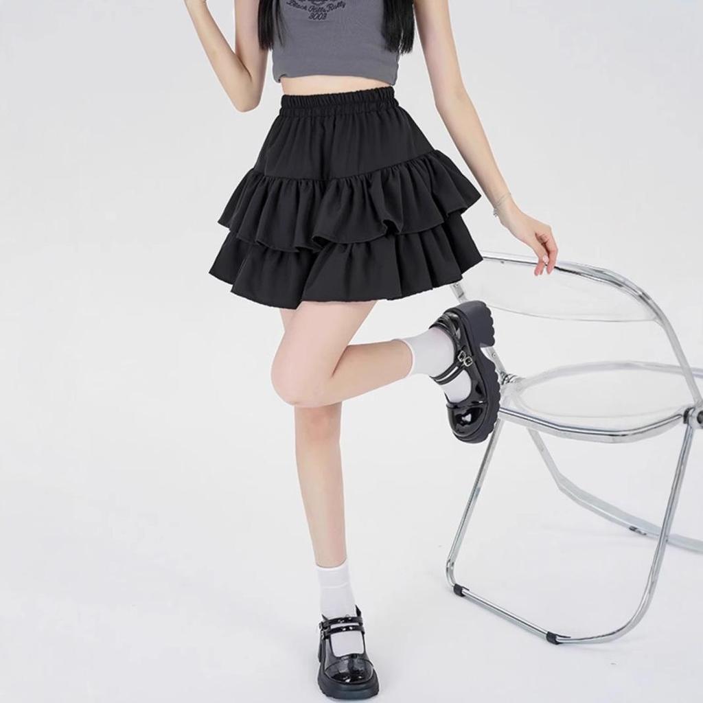 Women's White Ruffle Puff Cake Dress - Ballet Style, High Waist, Petite A-Line Midi Skirt