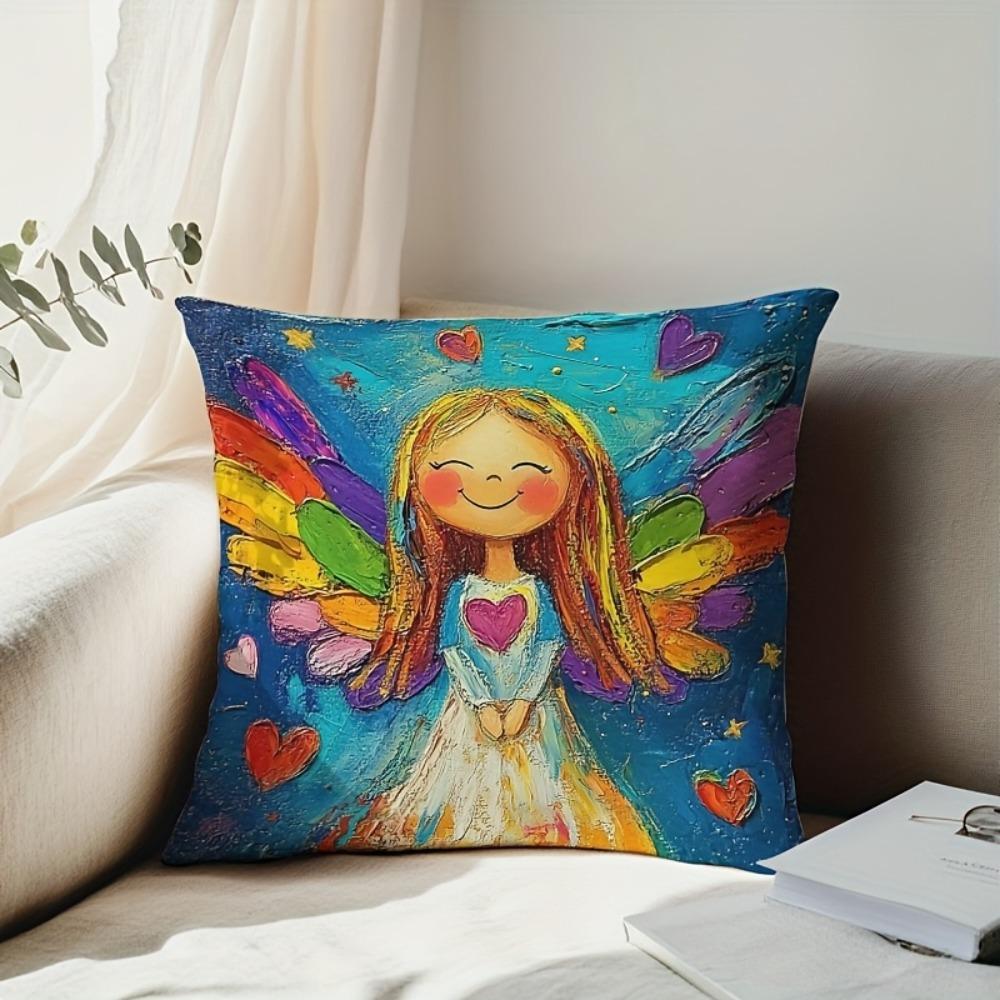 Colorful Angel Girl Pillow Cover Double Sided 2Dprint Soft Durable Pillow Cover Couch Bed Dorm Cheerful Decor Gift For Whimsical