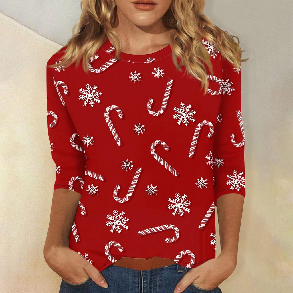 Damska modna i codzienna bluzka z rękawem trzy czwarte, z okrągłym dekoltem i nadrukiem świątecznym