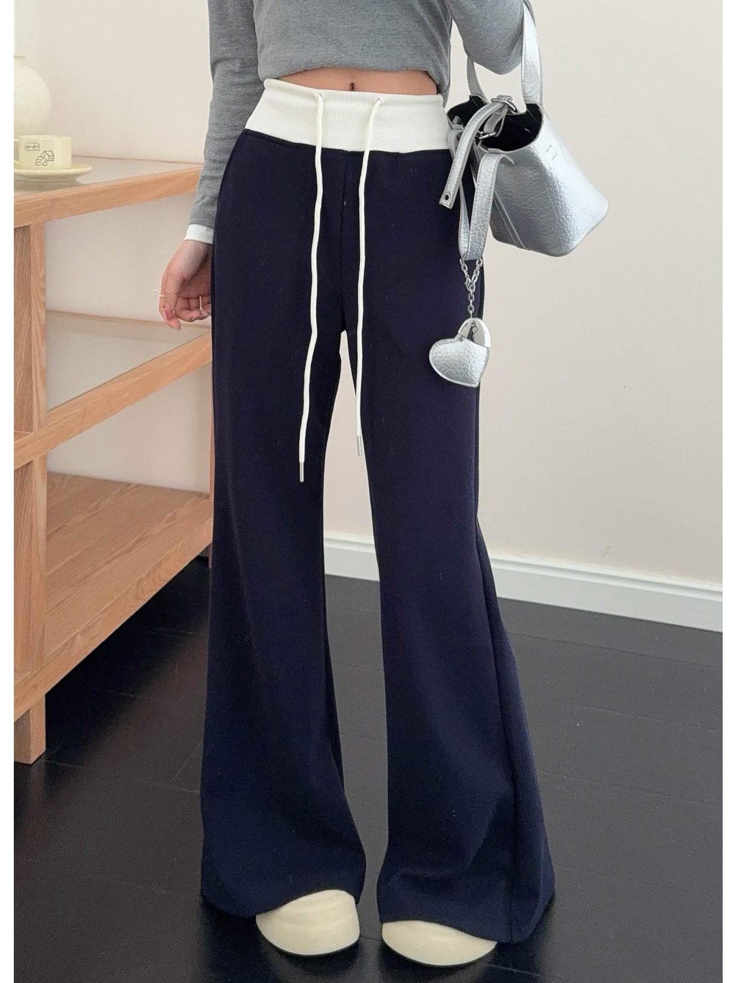 

New Style Women s Slimming Magic Micro Flare Pants: Color-Block, Elastic Waist, Casual Versatile Long Pants for Spring Medium темно-синий