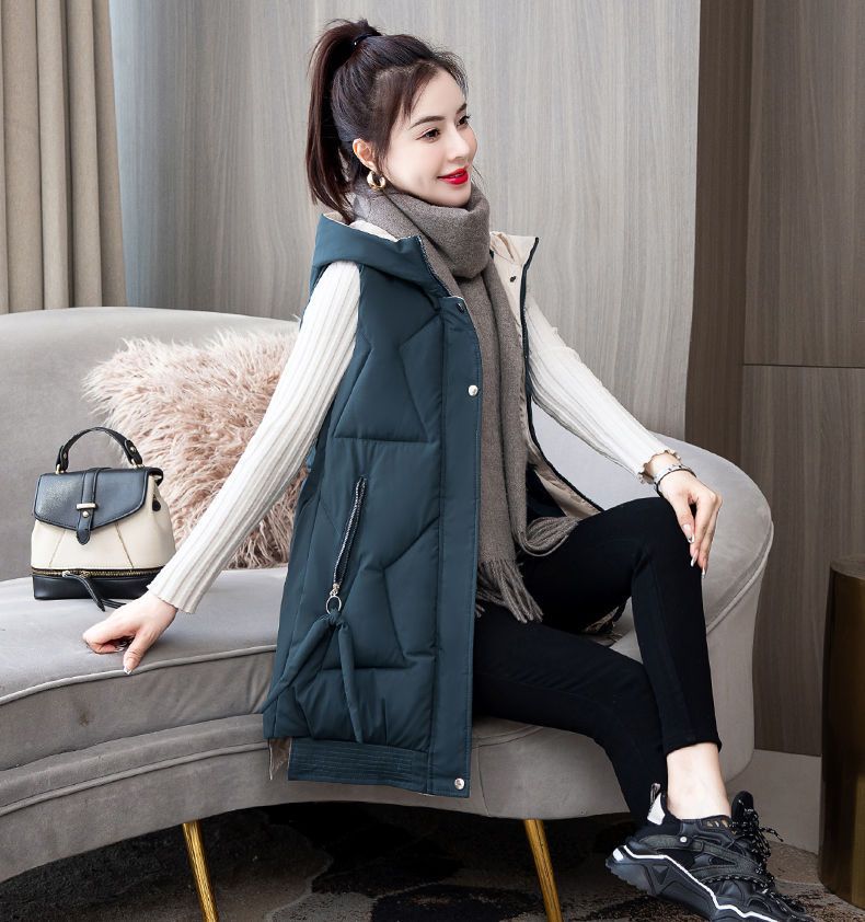 Autumn and Winter Women's Solid Color Hooded Warm and Windproof Mid-length Women's Sleeveless Jacket 9 Colors