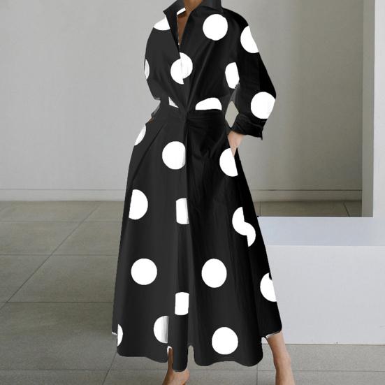 Women's Boho One Button Wrap Shirt Dress Polka Dots Print Long Sleeve Maxi Dress Lapel Collared V-neck Long Swing Dress