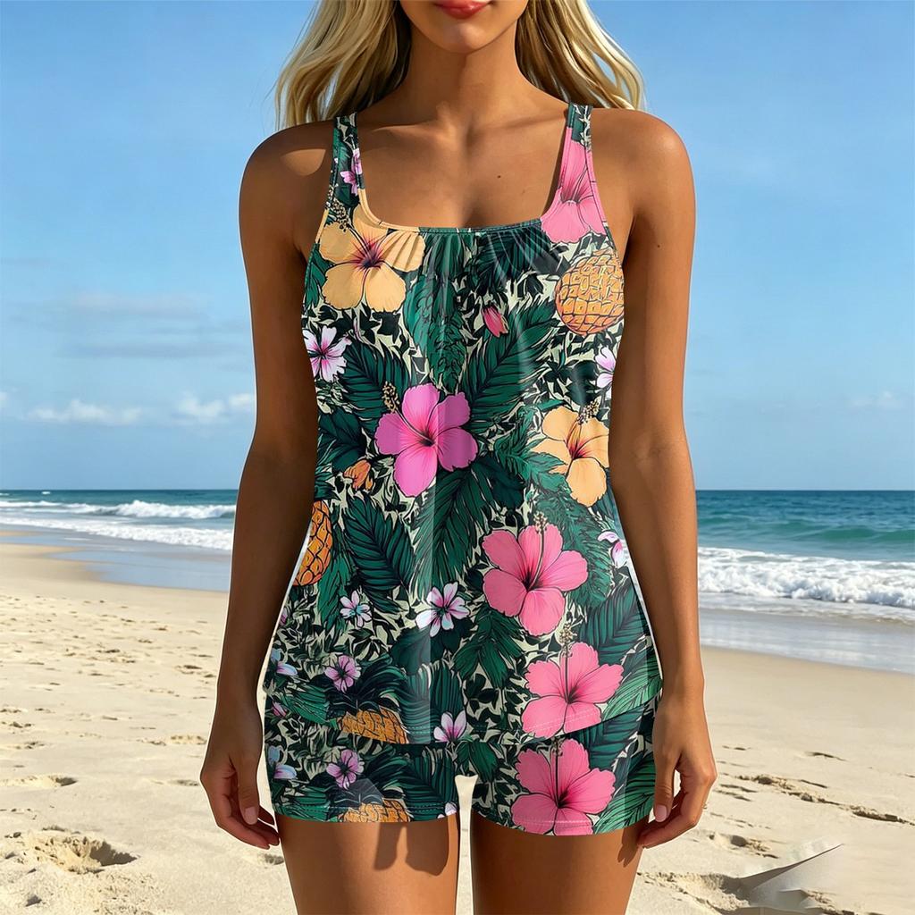 Women’s Printed Tankini Two Piece Swimsuit Set with Sleeveless Top and Boyshorts Athletic Swimwear for Beach Pool