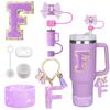 8PCS Accessories Set for Stanley Cup Purple 30oz 40oz Tumbler Silicone Straw Topper Cover Cap Boot Handle Charm Initials Sticker Cup Holders 5