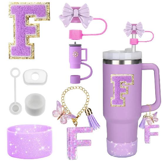 8PCS Accessories Set for Stanley Cup Purple 30oz 40oz Tumbler Silicone Straw Topper Cover Cap Boot Handle Charm Initials Sticker Cup Holders 5