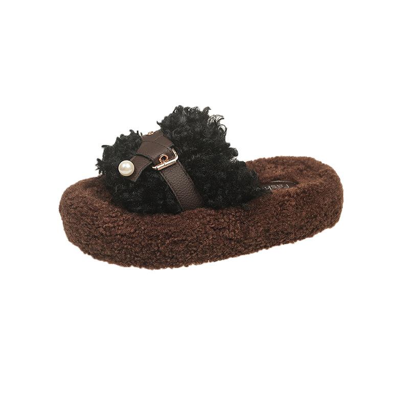 Retro Plüschdesign flauschige Hausschuhe Damen Oberbekleidung 2025 neu Herbst und Winter dicke Sohle erhöhend Gürtelschnalle Baumwollhausschuhe