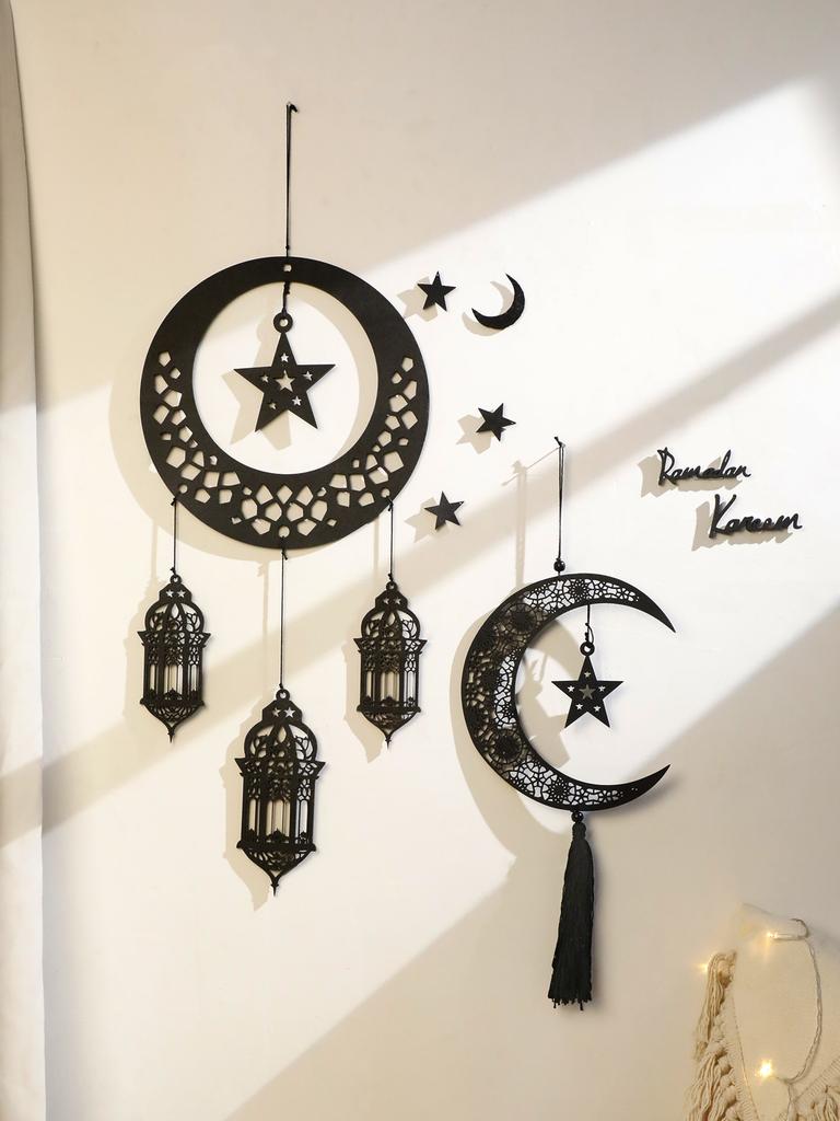Black Wooden Hanging Lanterns Crescent Moon with Star Cutouts and Tassel, for Ramadan and Eid, Islamic Festival Home Decorations
